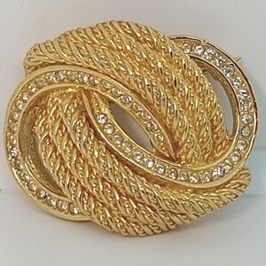 * Vintage Signed Christian Dior Large Gold Tone & Rhinestones Knot Pin Brooch